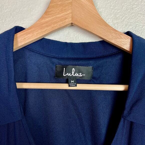 Lulus‎ Cardwell Navy Blue Flounce Sleeve Wrap Mini Dress Size Medium NWT - Picture 5 of 11